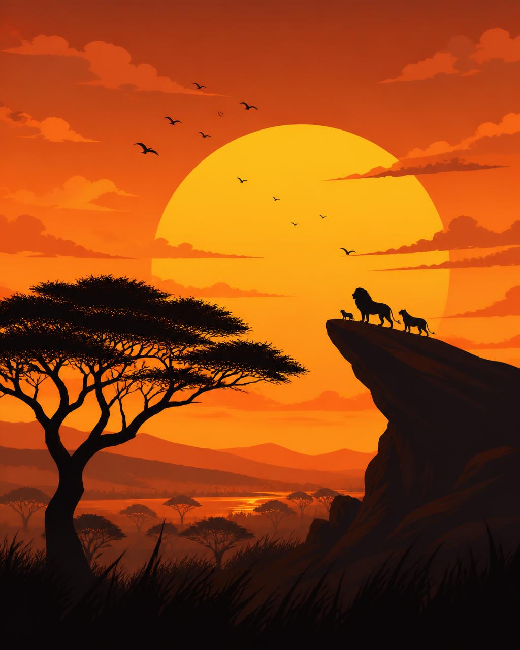 Silhuetas de leões sobre a rocha ao pôr do sol na savana africana